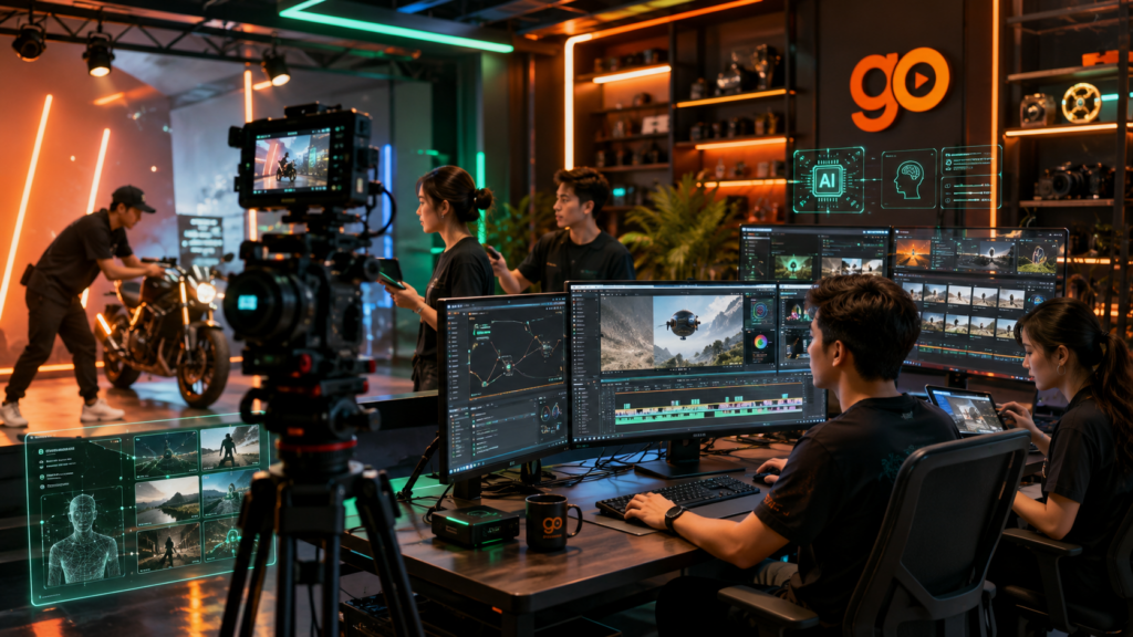 Quá trình sản xuất video bằng AI cho doanh nghiệp nhỏ: biểu tượng AI, cảnh quay sản phẩm và kịch bản marketing