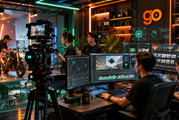 Quá trình sản xuất video bằng AI cho doanh nghiệp nhỏ: biểu tượng AI, cảnh quay sản phẩm và kịch bản marketing