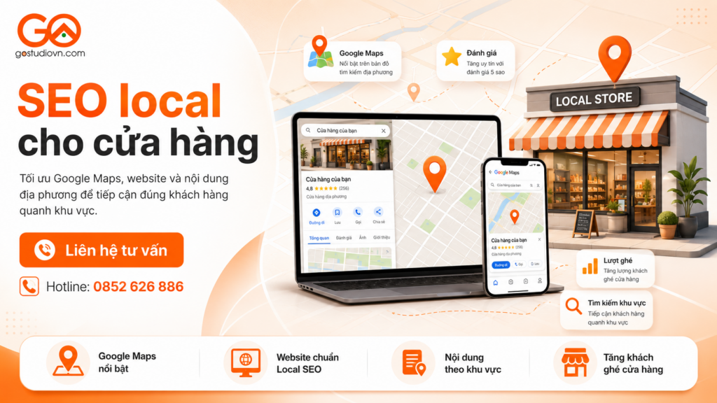 Chiến lược SEO local cho cửa hàng với bản đồ, điện thoại và biểu đồ tăng trưởng