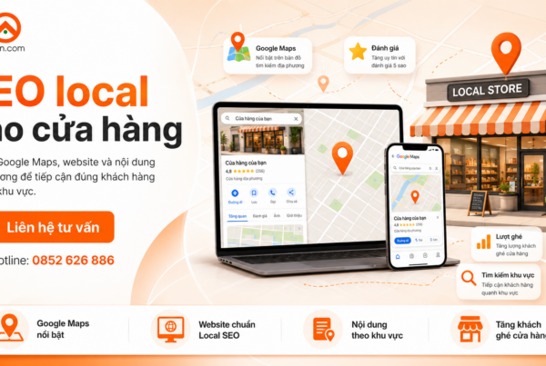 Chiến lược SEO local cho cửa hàng với bản đồ, điện thoại và biểu đồ tăng trưởng